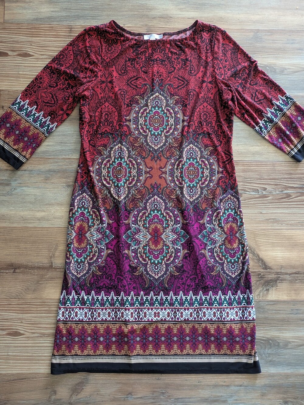 London Times Colorful Bohemian Medallion Paisley Quarter Sleeve Shift Dress‎ 12